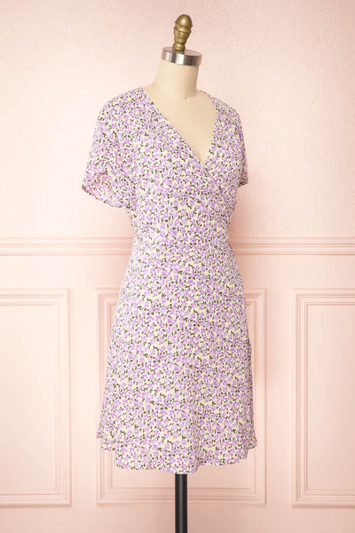 Lauryna Purple Floral Short Sleeve Wrap Dress | Boutique 1861 side view