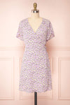 Lauryna Purple Floral Short Sleeve Wrap Dress | Boutique 1861 front view