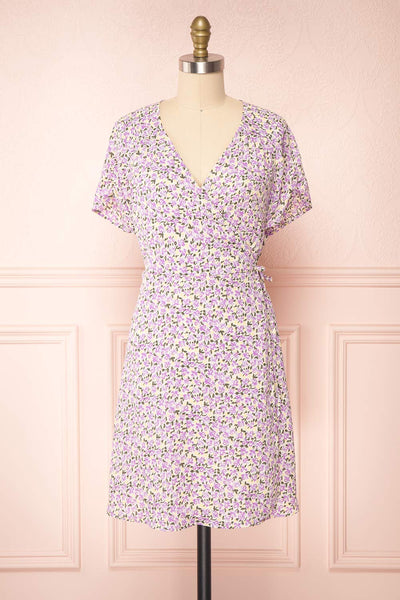 Lauryna Purple Floral Short Sleeve Wrap Dress | Boutique 1861 front view