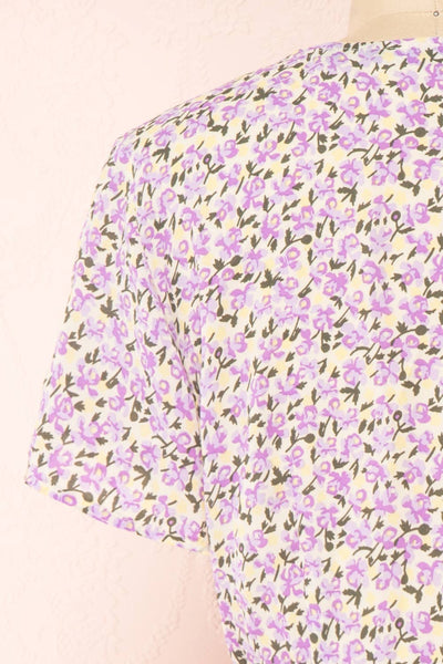 Lauryna Purple Floral Short Sleeve Wrap Dress | Boutique 1861 back close-up
