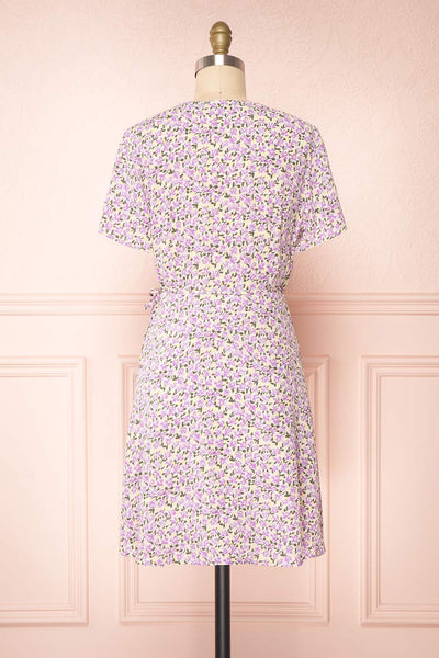 Lauryna Purple Floral Short Sleeve Wrap Dress | Boutique 1861 back view
