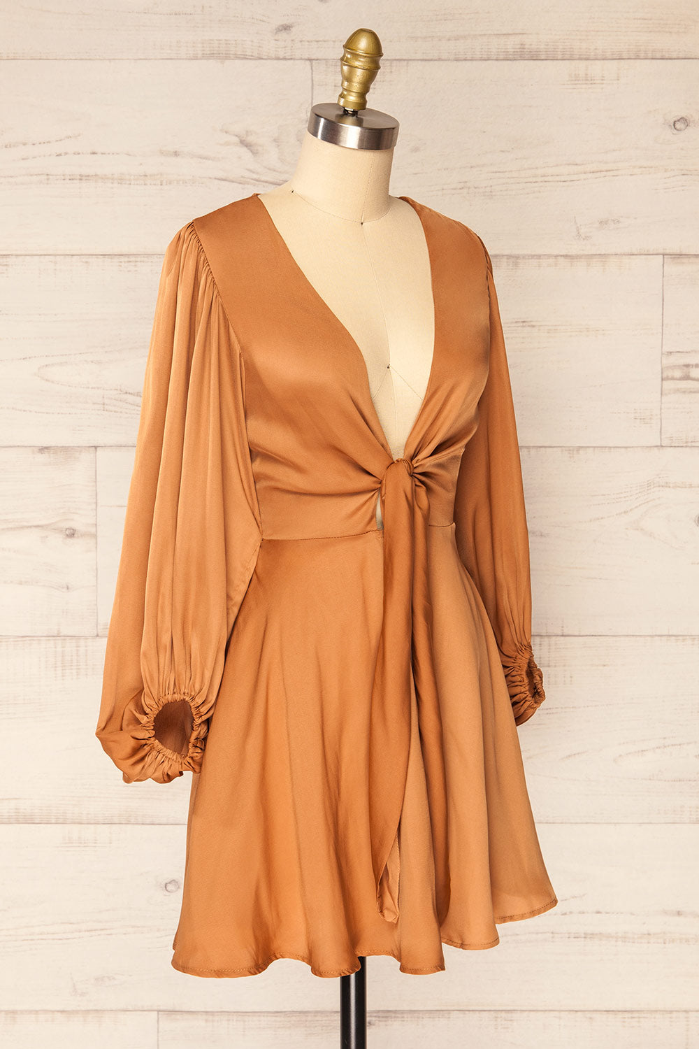 Lauvhe Caramel Tie-Front Short Satin Dress | La petite garçonne side view