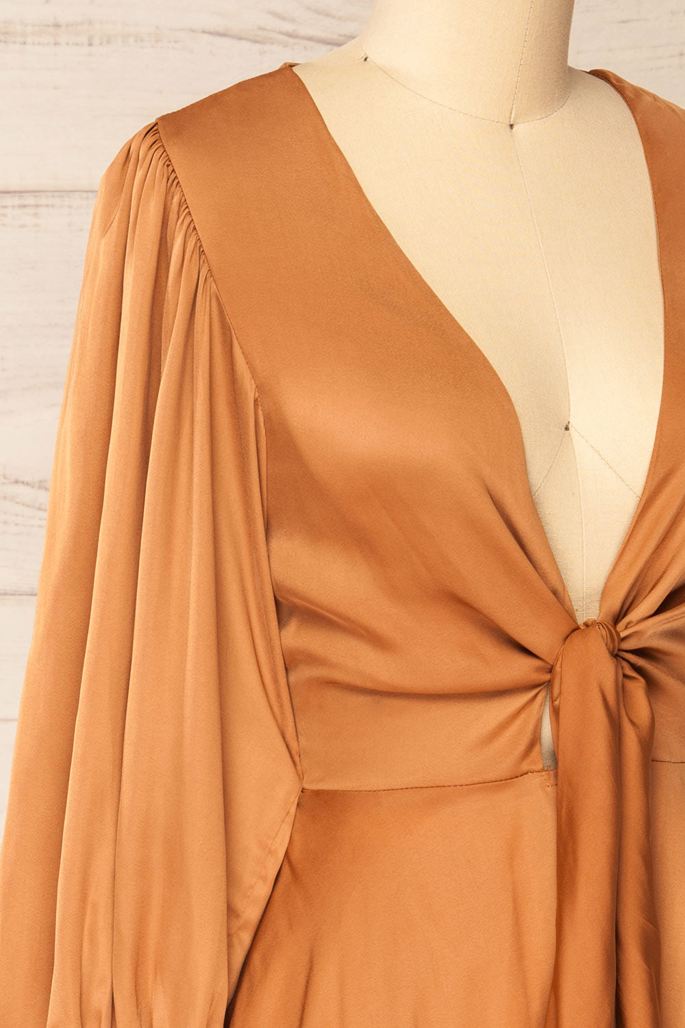 Lauvhe Caramel Tie-Front Short Satin Dress | La petite garçonne side close-up