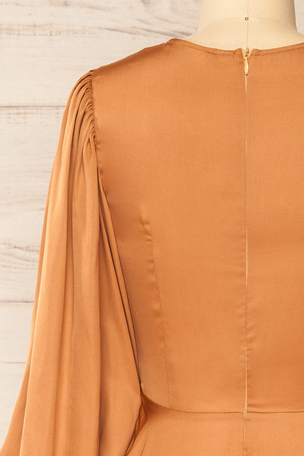 Lauvhe Caramel Tie-Front Short Satin Dress | La petite garçonne back close-up