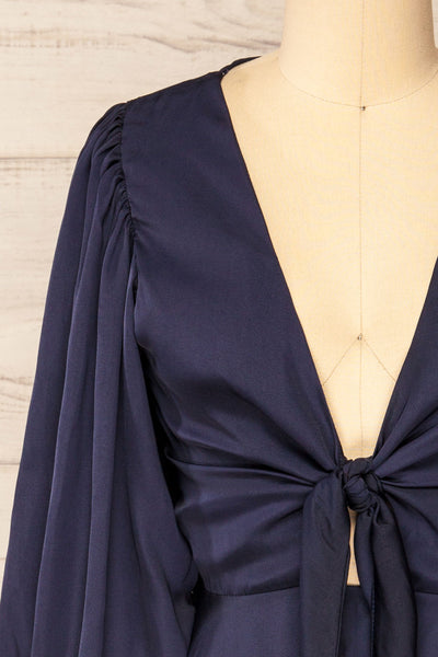 Lauvhe Navy Tie-Front Short Satin Dress | La petite garçonne front close-up