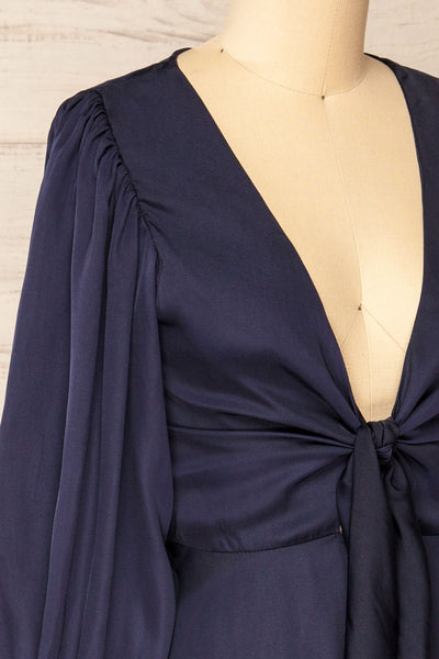 Lauvhe Navy Tie-Front Short Satin Dress | La petite garçonne side close-up