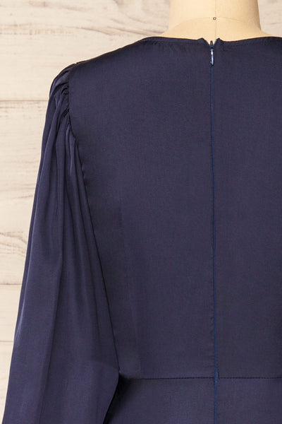 Lauvhe Navy Tie-Front Short Satin Dress | La petite garçonne back close-up