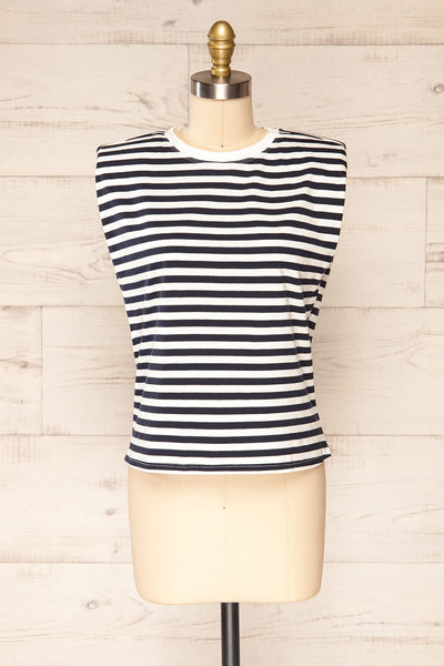 Leba Navy Shoulder Padded Striped Shirt | La petite garçonne front view