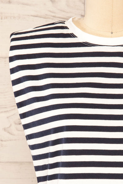 Leba Navy Shoulder Padded Striped Shirt | La petite garçonne front close-up