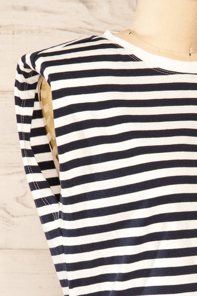 Leba Navy Shoulder Padded Striped Shirt | La petite garçonne side close-up