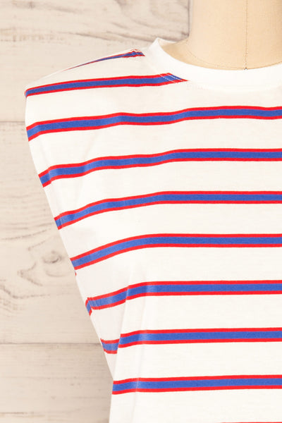 Leba Red Shoulder Padded Striped Shirt | La petite garçonne front close-up