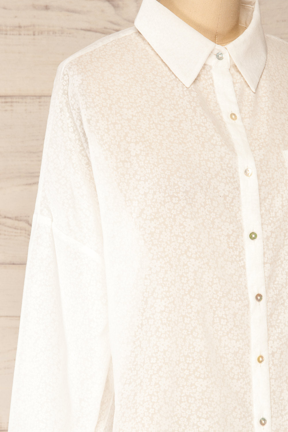 Lecce White Floral Long Sleeves Shirt | La petite garçonne side close-up