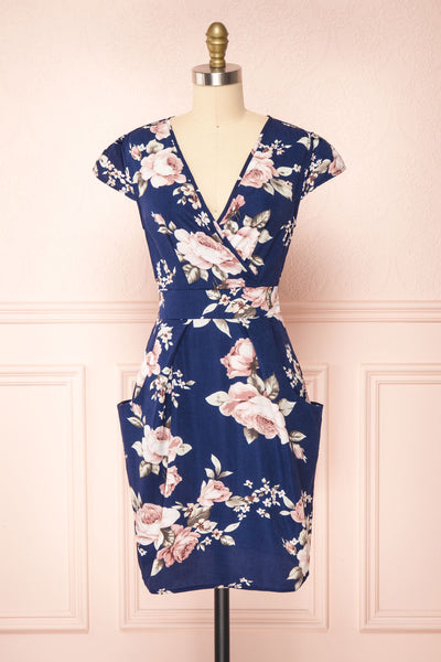 Leeda Blue Floral Short Sleeve Cocktail Dress | Boutique 1861 front view
