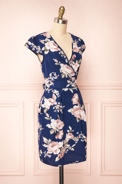 Leeda Blue Floral Short Sleeve Cocktail Dress | Boutique 1861 side view
