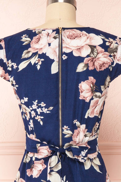 Leeda Blue Floral Short Sleeve Cocktail Dress | Boutique 1861 back close up
