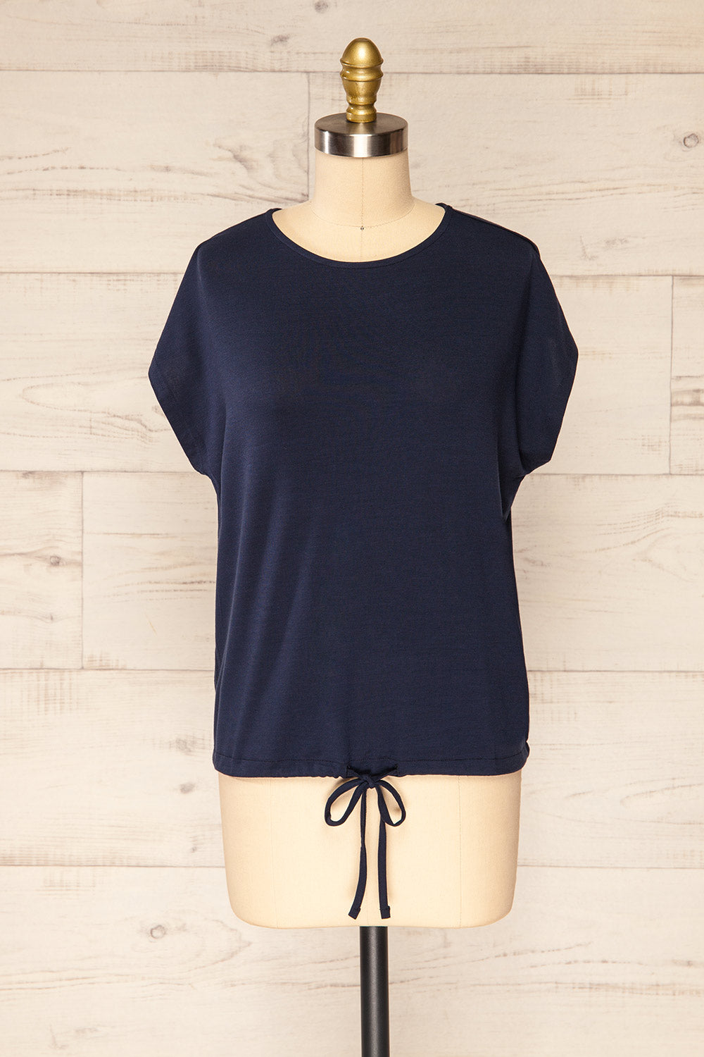 Leeds Navy Short Sleeve Top With Drawstring | La Petite Garçonne front view 