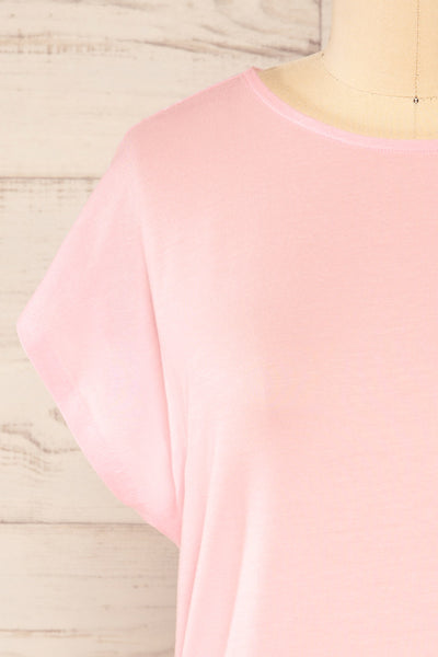 Leeds Pink Short Sleeve Top with Drawstring | La petite garçonne front close-up
