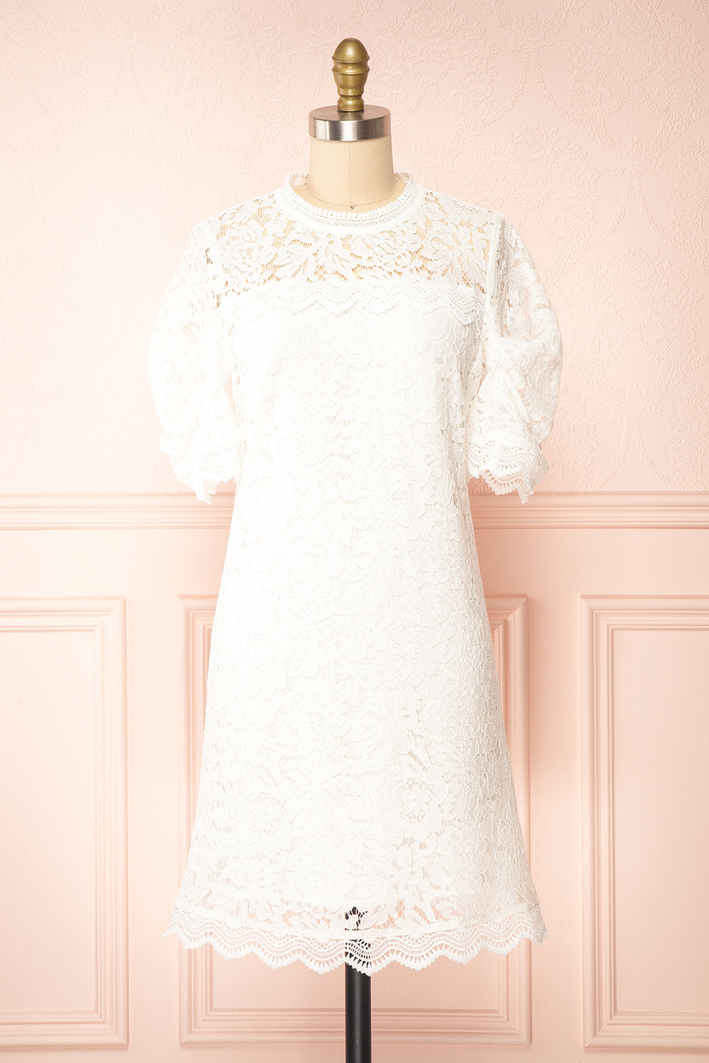 Lelesmi White Short Sleeve Lace Dress w/ Round Collar | Boutique 1861 front view 
