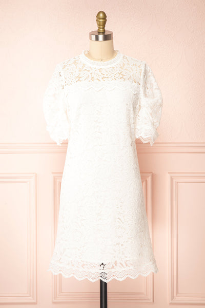 Lelesmi White Short Sleeve Lace Dress w/ Round Collar | Boutique 1861 front view