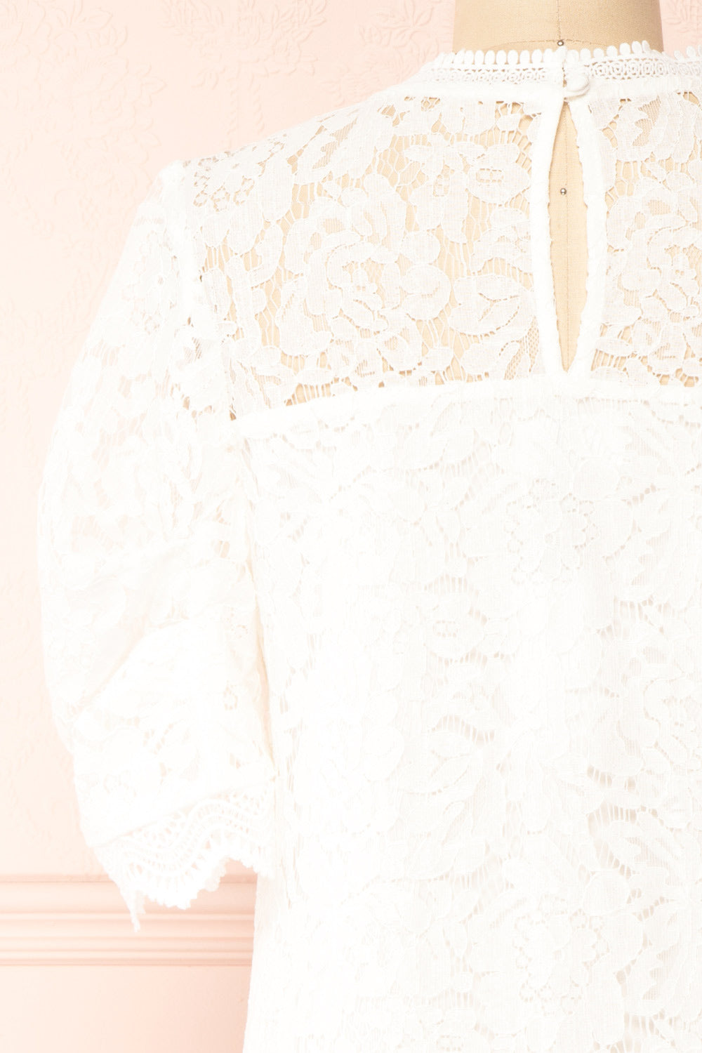 Lelesmi White Short Sleeve Lace Dress w/ Round Collar | Boutique 1861 back close-up