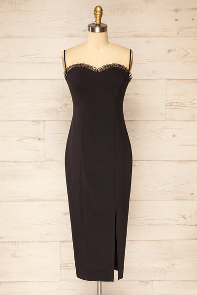 Lenna Black Fitted Midi Dress w/ Sweetheart Neckline | La petite garçonne front view