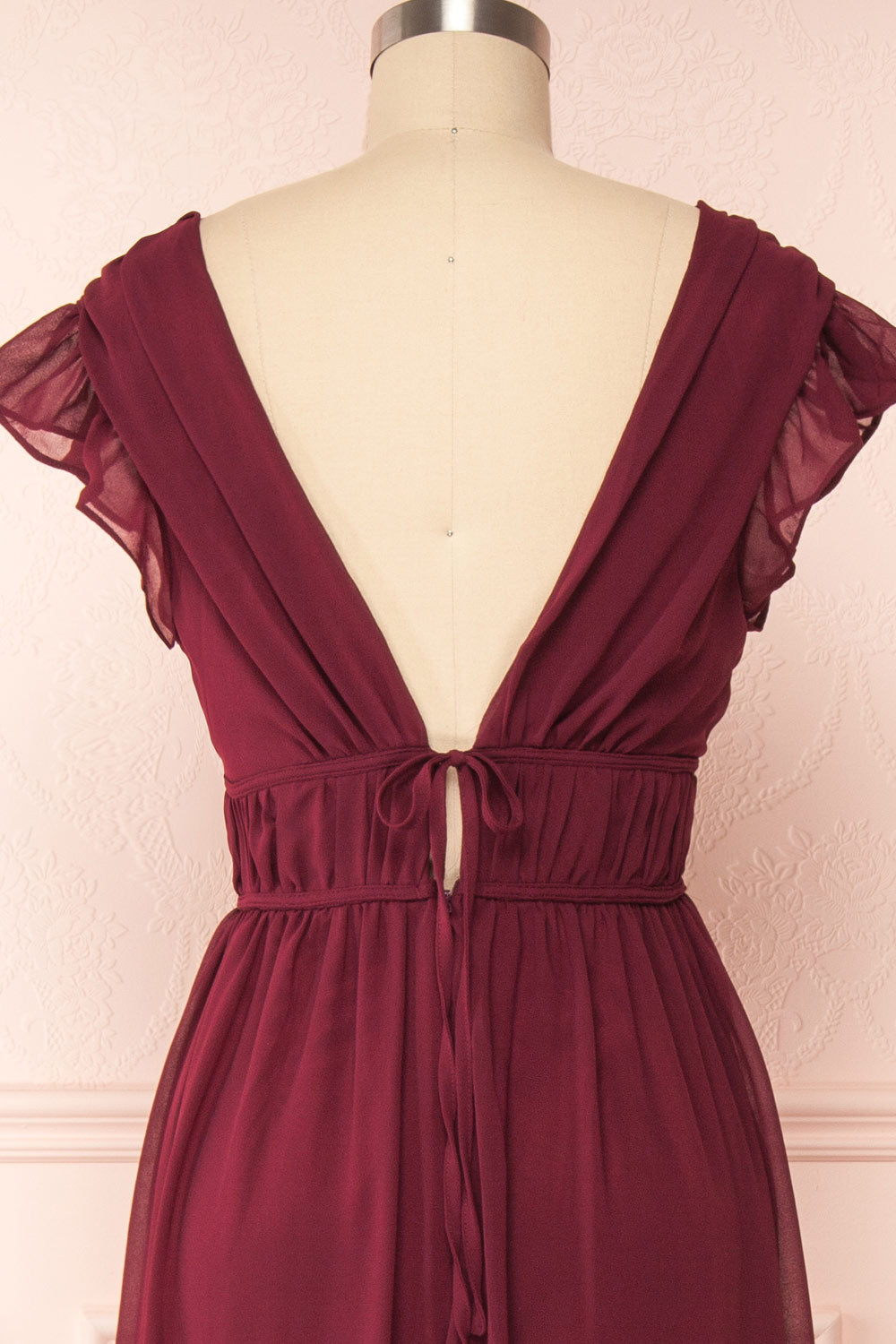 Leony Burgundy V-Neck Chiffon Maxi Dress | Boudoir 1861 back close up