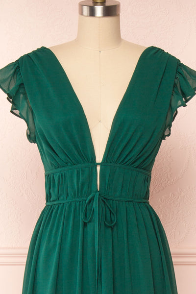Leony Emerald V-Neck Chiffon Maxi Dress | Boudoir 1861 front close up