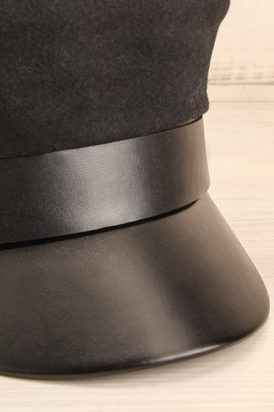 Leorin Black Breton Cap with Faux Leather Details close-up | La Petite Garçonne