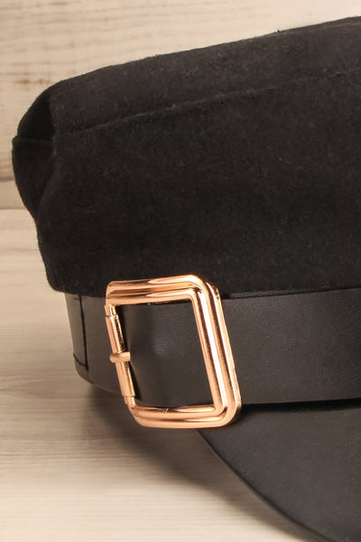 Leorin Black Breton Cap with Faux Leather Details buckle close-up | La Petite Garçonne