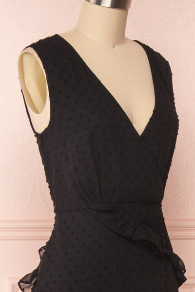 Lesya Black Plumetis Midi A-Line Dress w/ Ruffles | Boutique 1861 side close-up