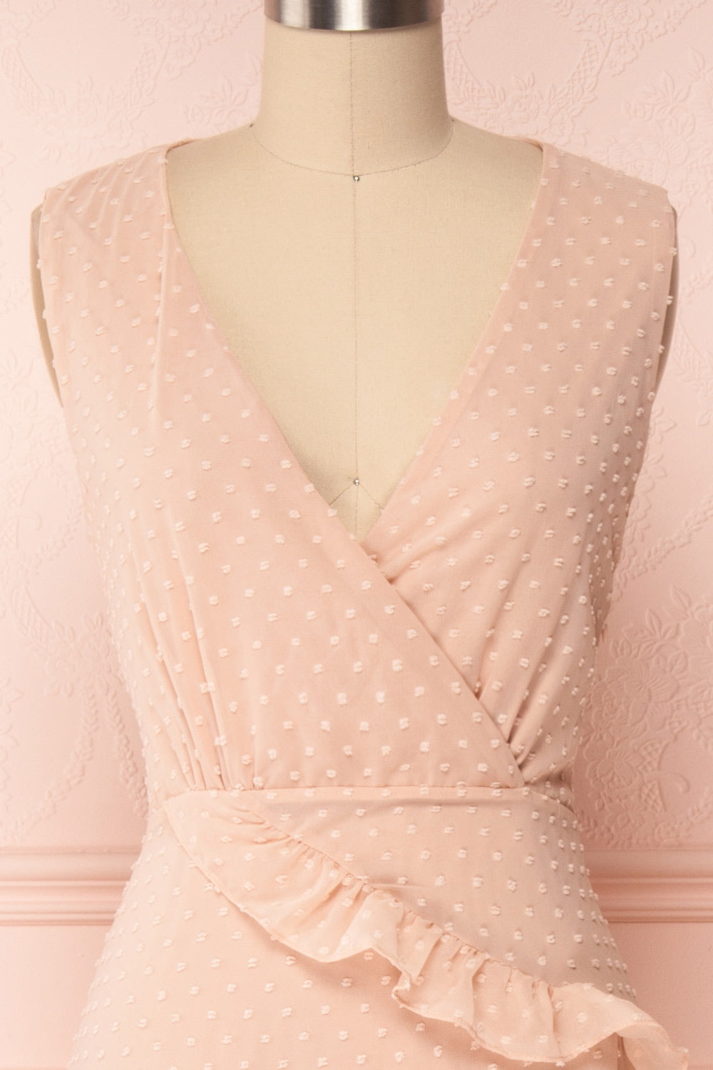 Lesya Blush Pink Plumetis Midi A-Line Dress w/ Ruffles | Boutique 1861 front close-up