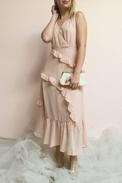 Lesya Blush Pink Plumetis Midi A-Line Dress w/ Ruffles | Boutique 1861 on model