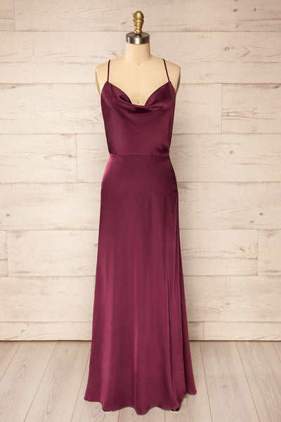 Letheria Purple Cowl Neck Satin Maxi Dress | La petite garçonne front view