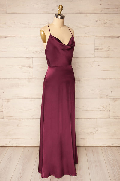 Letheria Purple Cowl Neck Satin Maxi Dress | La petite garçonne  side view