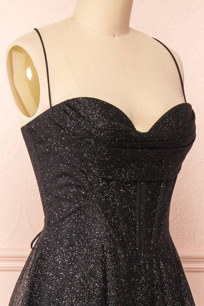 Lexy Black Sparkly Cowl Neck Maxi Dress | Boutique 1861 side close-up