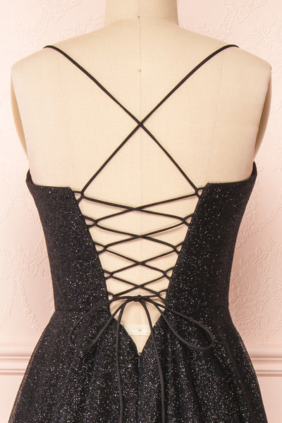 Lexy Black Sparkly Cowl Neck Maxi Dress | Boutique 1861 back close-up