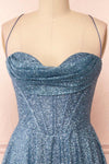 Lexy Blue Grey Sparkly Cowl Neck Maxi Dress | Boutique 1861 front close-up