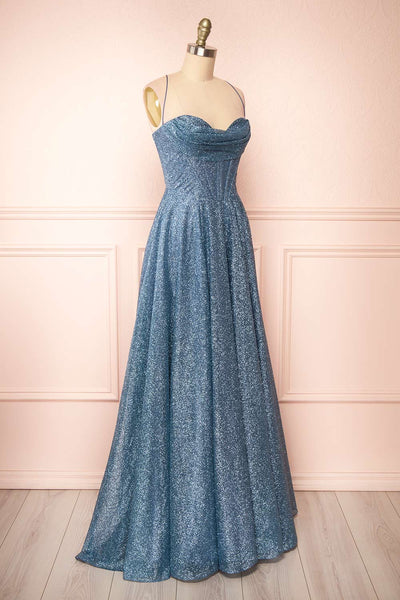 Lexy Blue Grey Sparkly Cowl Neck Maxi Dress | Boutique 1861 side view