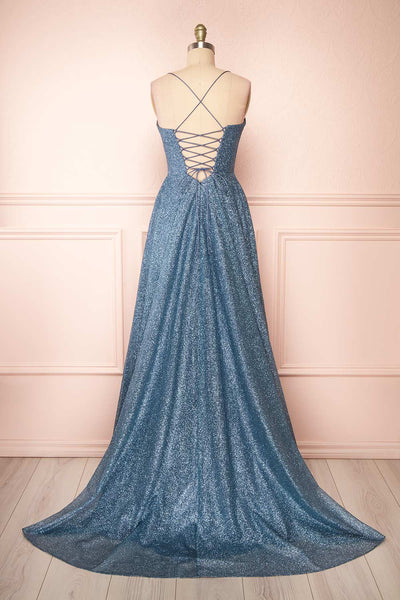 Lexy Blue Grey Sparkly Cowl Neck Maxi Dress | Boutique 1861 back view