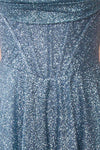 Lexy Blue Grey Sparkly Cowl Neck Maxi Dress | Boutique 1861 fabric