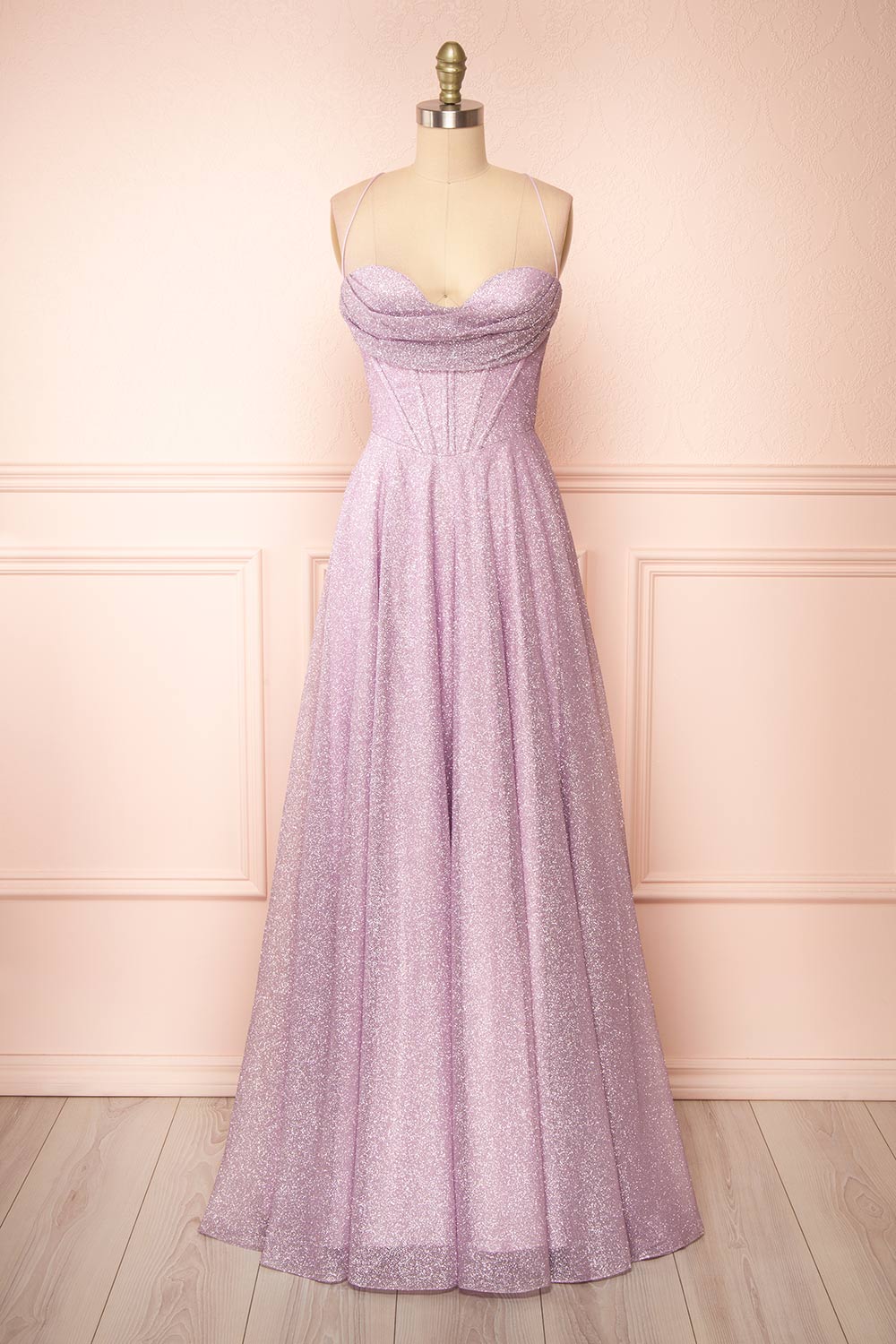 Lexy Lilac Sparkly Cowl Neck Maxi Dress | Boutique 1861 front view 