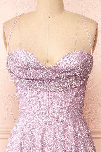 Lexy Lilac Sparkly Cowl Neck Maxi Dress | Boutique 1861 front close-up