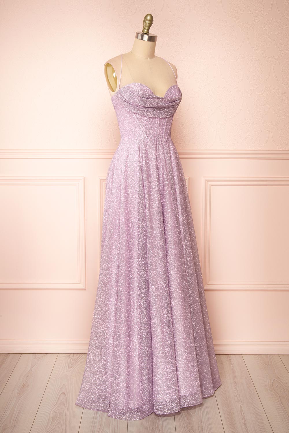 Lexy Lilac Sparkly Cowl Neck Maxi Dress | Boutique 1861 side view 