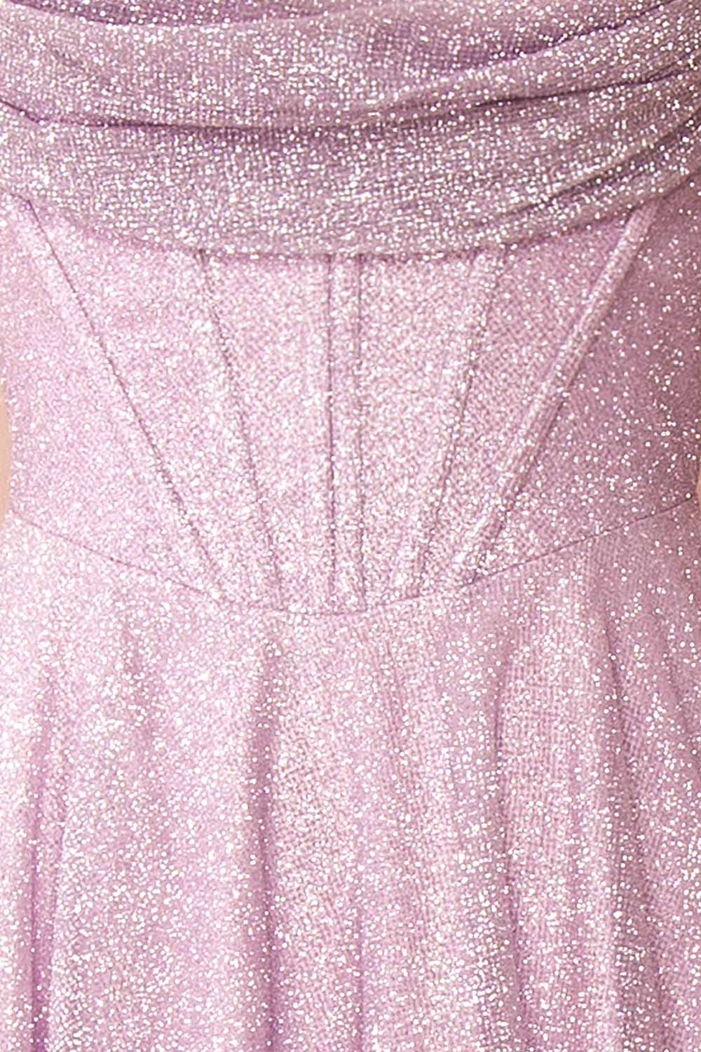 Lexy Lilac Sparkly Cowl Neck Maxi Dress | Boutique 1861 fabric 