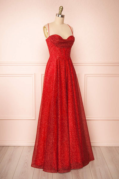 Lexy Red Sparkly Cowl Neck Maxi Dress | Boutique 1861 side view