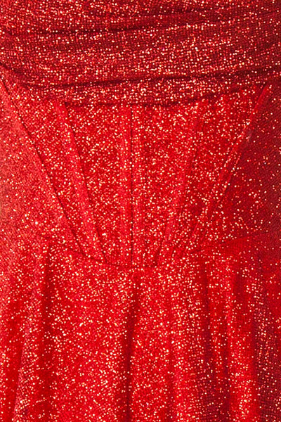 Lexy Red Sparkly Cowl Neck Maxi Dress | Boutique 1861 fabric