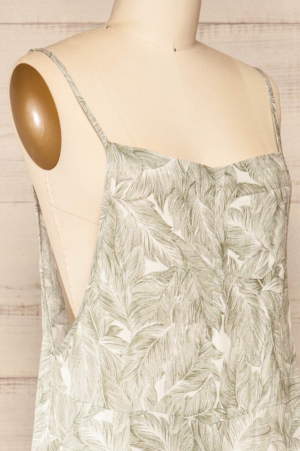 Leyde Olive feather Patterned Overalls | La petite garçonne side close-up