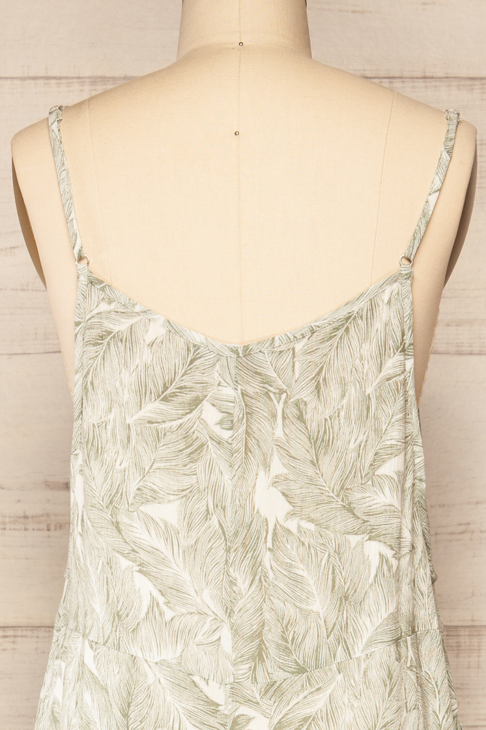 Leyde Olive feather Patterned Overalls | La petite garçonne back close-up