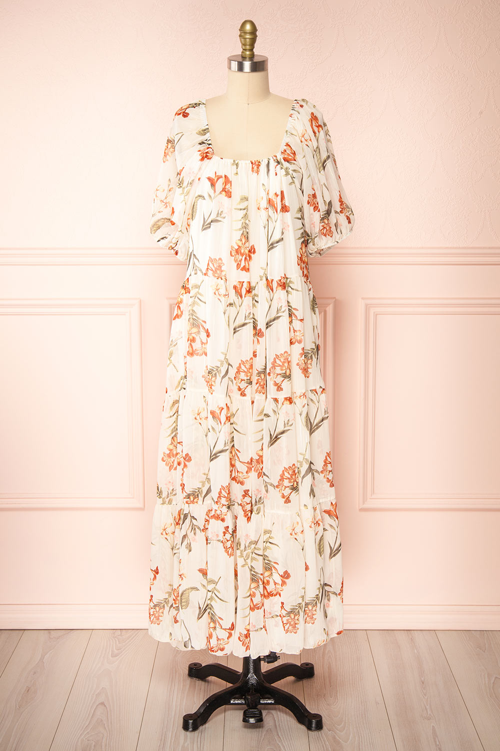 Leyla Floral Pattern Midi Dress w/ Short Puff Sleeves | Boutique 1861 front view