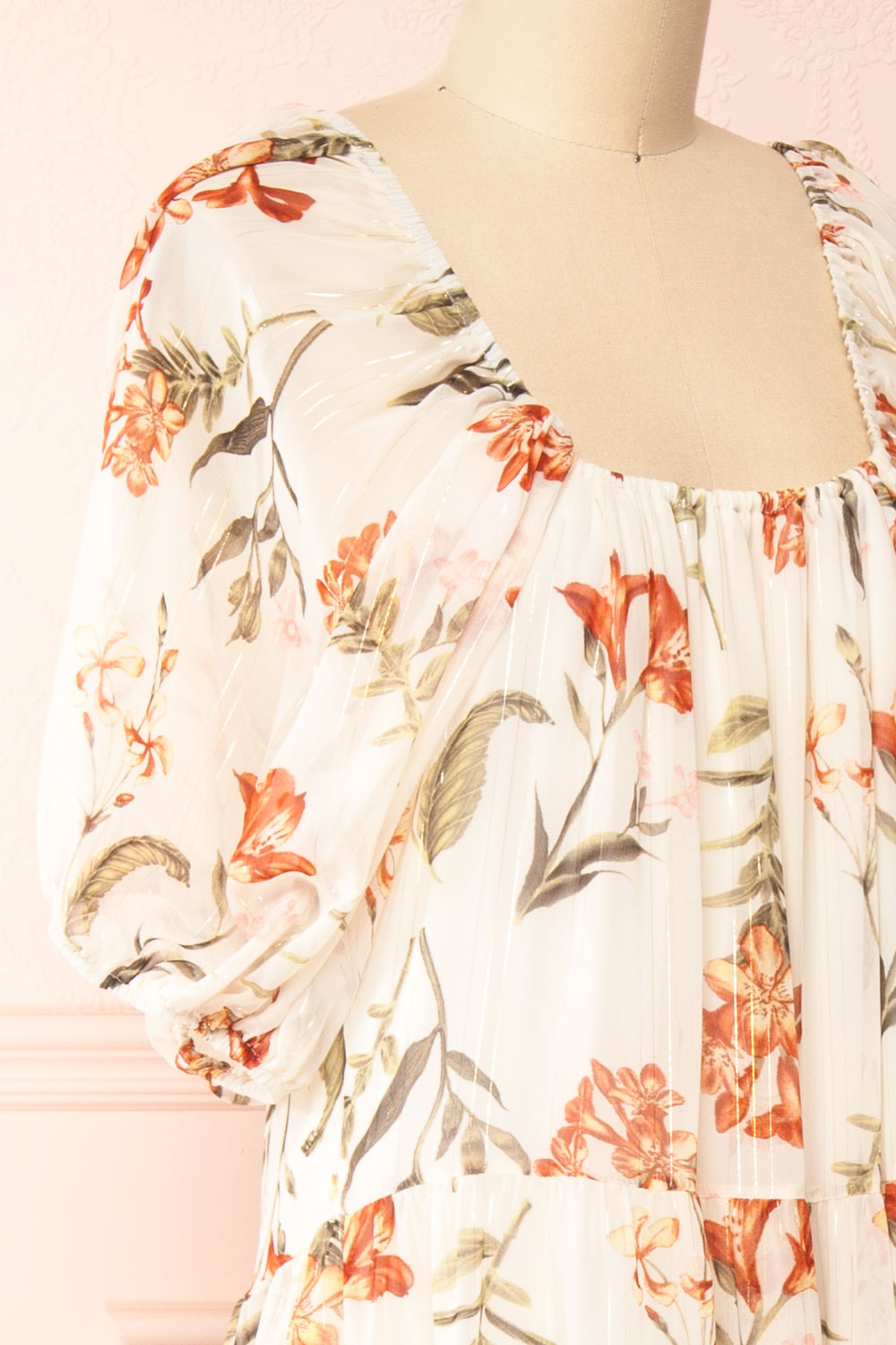 Leyla Floral Pattern Midi Dress w/ Short Puff Sleeves | Boutique 1861 side close-up